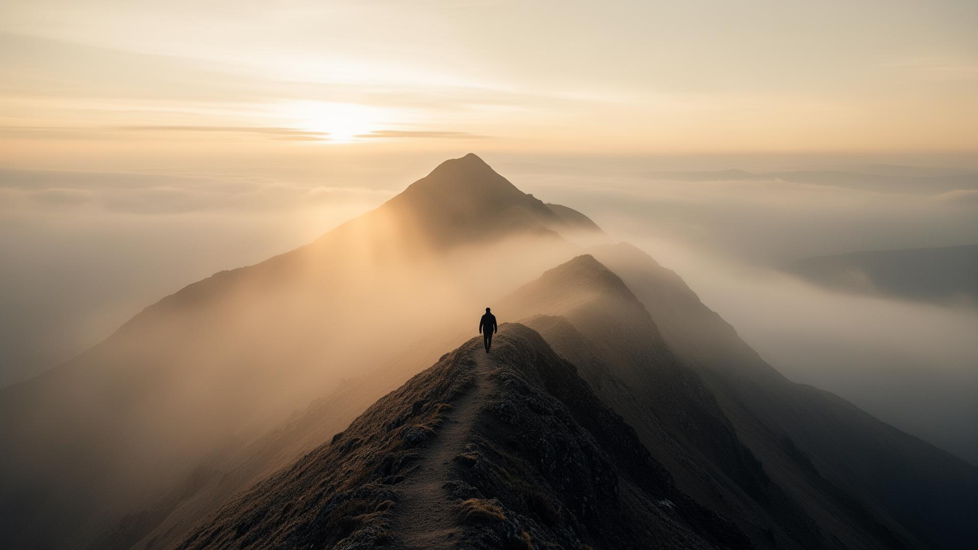 Silhouette en marche sur une crête de montagne au lever du jour, brume et lumière dorée